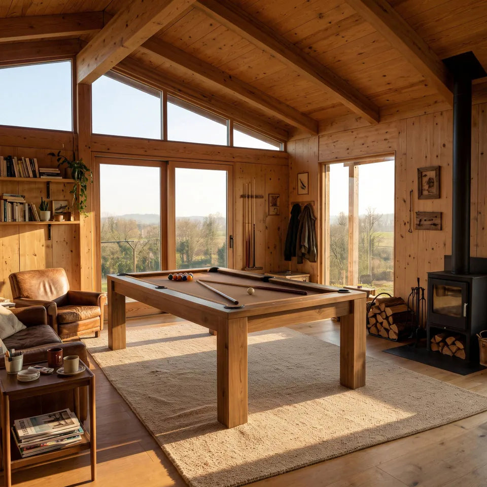 Billard en bois dans un chalet lumineux, poêle à bois et baies vitrées sur la campagne