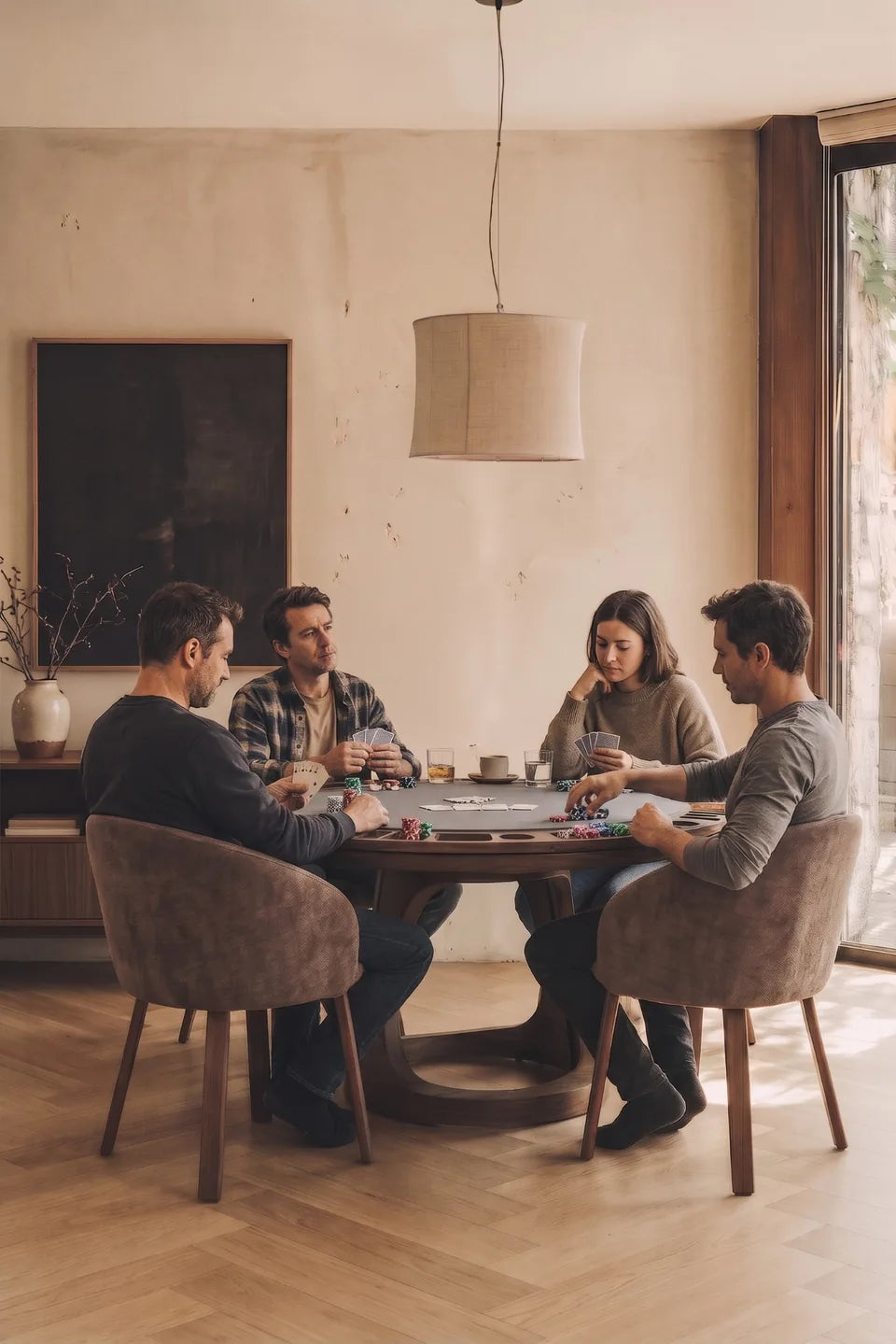 Quatre joueurs de poker autour d'une table ronde en bois foncé, fauteuils en velours taupe, parquet à chevrons