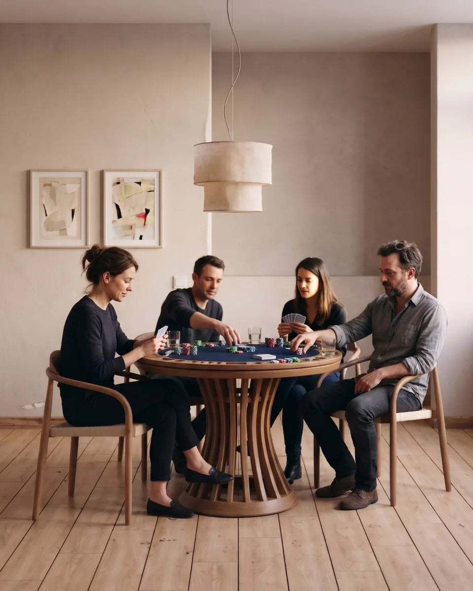 Quatre joueurs de poker autour d'une table ronde en bois à pied ajouré et tapis bleu marine, parquet en lames larges